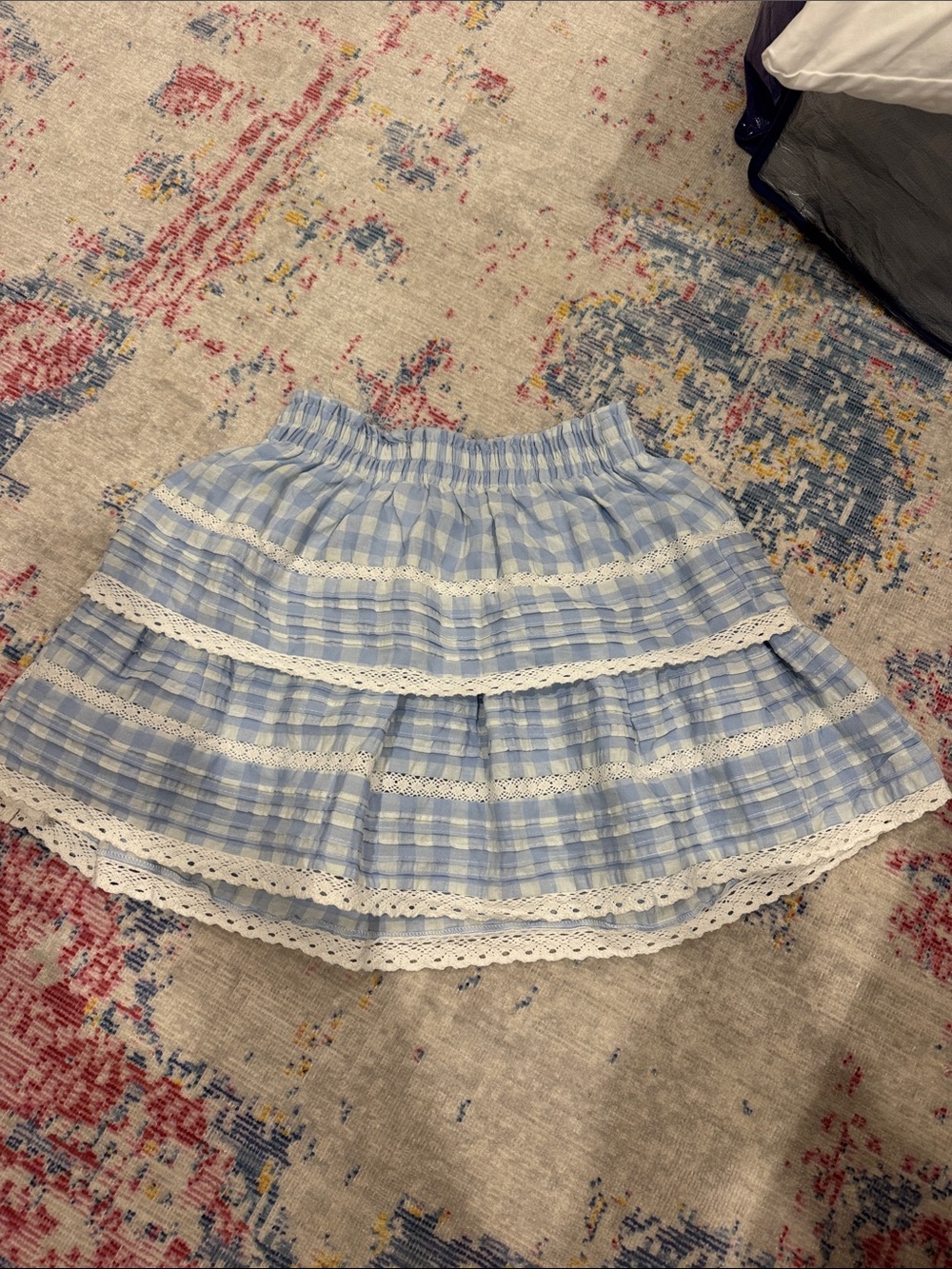 Light Blue Gingham Mini Skirt with Lace Trim